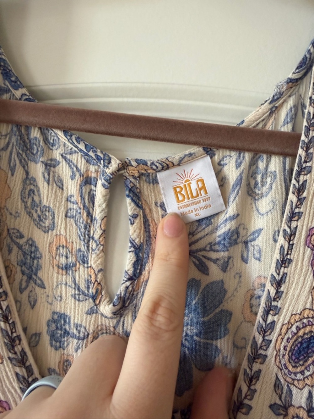 Bila Beige and Blue Paisley V-Neck Tiered Mini Dress - Picture 2 of 2